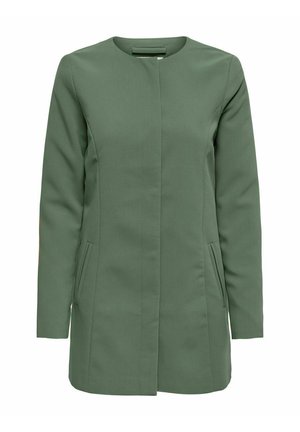 Long-sleeve, olive green women's coat with concealed front closure and side slit pockets, tailored fit and round neckline.