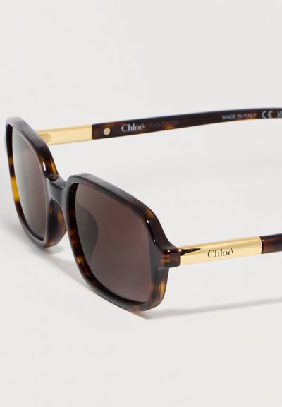 Τετράγωνα γυαλιά ηλίου με σχέδιο χελώνας, σκούρους φακούς και χρυσά μπράτσα με το λογότυπο "Chloé" σε λευκό φόντο.