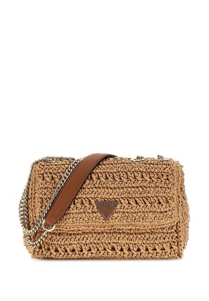 Woven tan shoulder bag with chain and leather strap, featuring Guess USA triangular logo on the front flap.