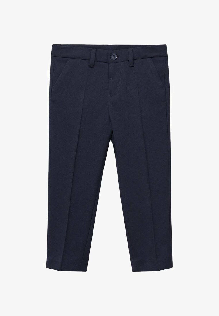 Mornarsko modri hlače iz gladkega blaga, ki imajo dve sprednji žepi, gumbasto zapiranje in kroj z oblikovanimi hlačnicami.