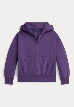 Sweat à capuche violet zippé avec poches avant, poignets et ourlet côtelés, et petit logo brodé sur la poitrine.