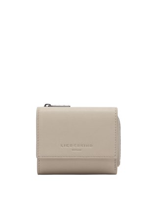 Beige compact leather wallet with flap, zipper pocket, and embossed brand name "Liebeskind Berlin" on front.