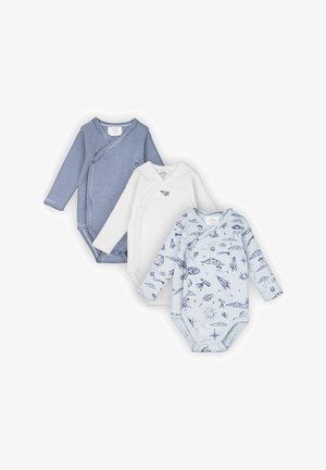 Trois bodies pour bébé à manches longues avec des fermetures à pression latérales ; un rayé, un blanc avec un petit oiseau, un bleu clair avec des imprimés à thème spatial.