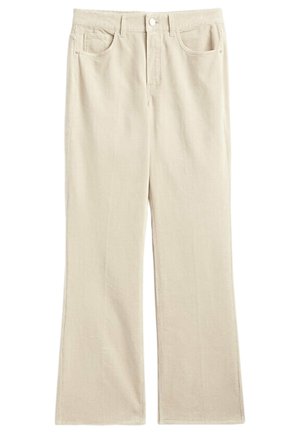 Beige Hose mit geradem Bein, vorne mit Knopf- und Reißverschluss, zwei Vordertaschen und Gürtelschlaufen.