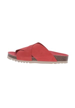 Sandalo rosso in suede con design a incrocio, dotato di una soletta centrale in sughero marrone testurizzato e una suola leggera in gomma.