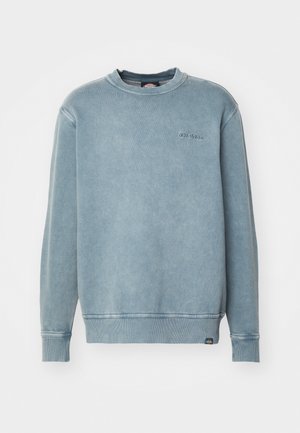 Light blue sweatshirt made of soft fabric with a ribbed crew neckline and cuffs, featuring a small embroidered logo on the chest.