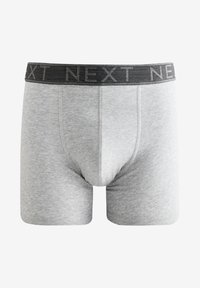 Grijze katoenen boxershorts met een zwarte, gestructureerde elastische tailleband met het woord "NEXT" in een herhalend patroon.
