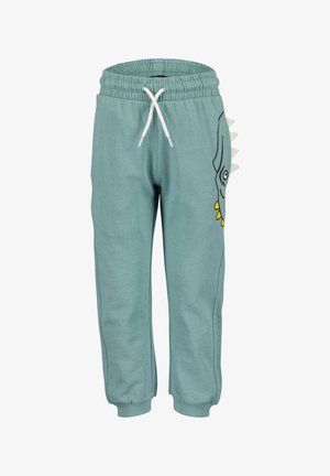 Lichtblauwe kindersweatpants met een elastische tailleband, witte trekkoord, dinosaurusgezichtprint en witte spikes langs de zijnaad.