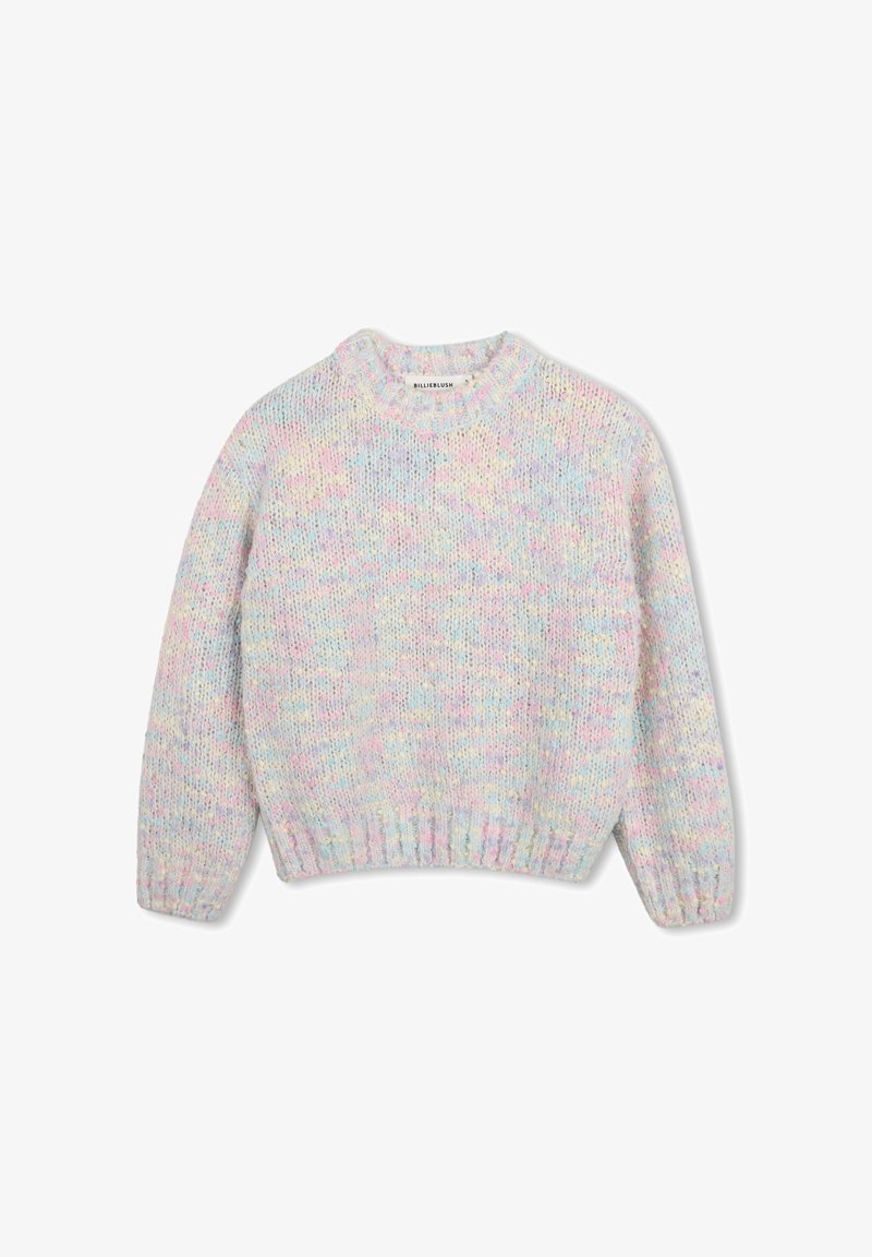 Pull à manches longues tricoté avec poignets et ourlet côtelés dans des tons pastel multicolores de rose, bleu et jaune.