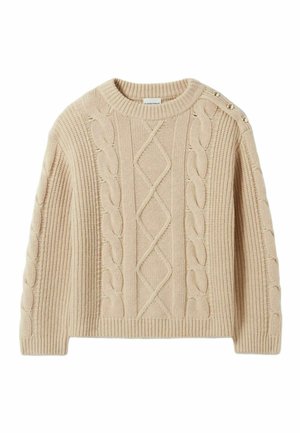 Maglione beige a maglia con motivi a trecce, orlo e polsini a costine, colletto rotondo e bottoni decorativi sulla spalla.