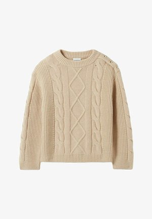 Suéter de punto beige con patrones de trenzas, dobladillo y puños acanalados, cuello redondo y botones decorativos en el hombro.