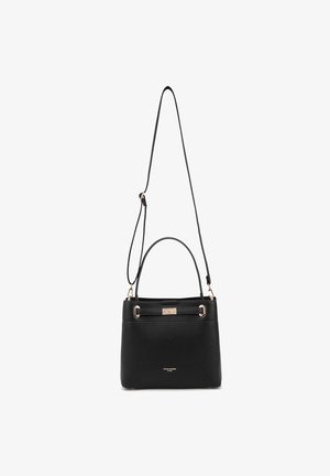 Borsa a tracolla nera in ecopelle con forma strutturata, doppio manico superiore, tracolla rimovibile e dettagli in metallo dorato.