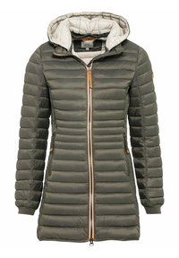 Gevoerde groene jas met een ritssluiting aan de voorkant, een lichtgrijze capuchon en een contrasterende oranje rits. Voorzien van ribgebreide manchetten en zijzakken.