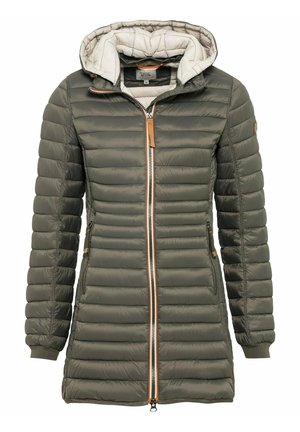 Polstret grøn jakke med lynlås foran, en lys grå hætte og kontrasterende orange lynlås. Har ribbede manchetter og sidelommer.