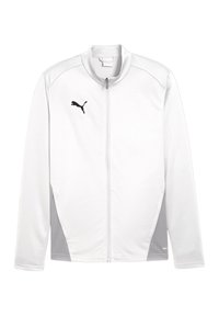 Weiße Zip-Jacke aus leichtem Stoff, mit hohem Kragen, grauen Akzenten an den Seiten und einem schwarzen Logo auf der Brust.
