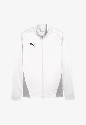 Witte zip-up jas van lichtgewicht materiaal, met een hoge kraag, grijze accenten aan de zijkanten en een zwart logo op de borst.
