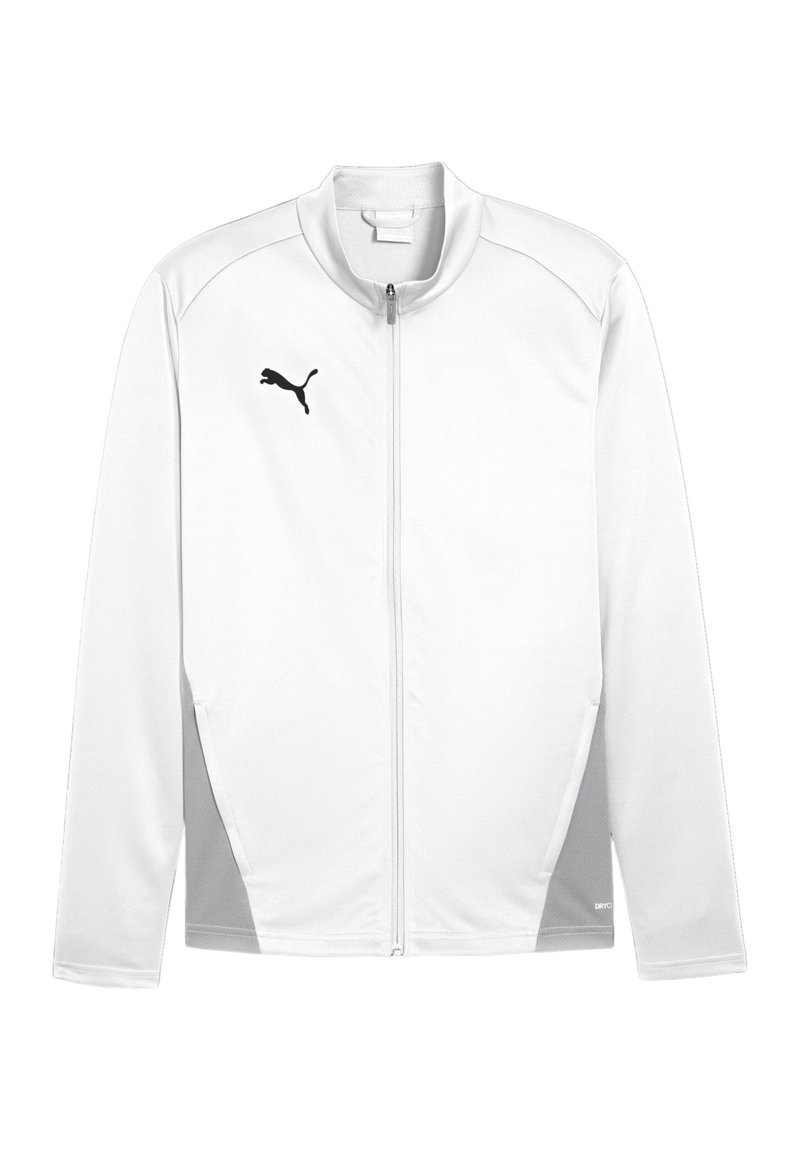 Weiße Zip-Jacke aus leichtem Stoff, mit hohem Kragen, grauen Akzenten an den Seiten und einem schwarzen Logo auf der Brust.