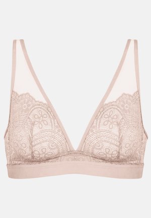 Brassière en dentelle de couleur nude doux avec une forme triangulaire, des bonnets transparents et une bande sous la poitrine lisse ornée d'un délicat motif floral.