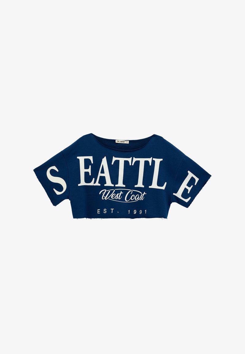 Granatowy krótki T-shirt z białym napisem "SEATTLE West Coast EST. 1991" oraz krótkimi rękawami z surowym wykończeniem.