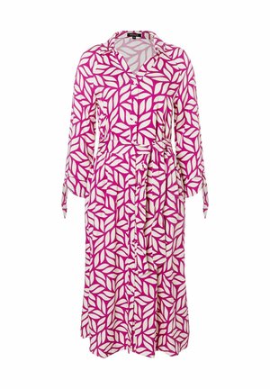 Langärmliges, zum Knöpfen vorgesehenes Kleid mit rosa-weißem Blattmuster, Kragen und Taillengürtel, Midi-Länge.