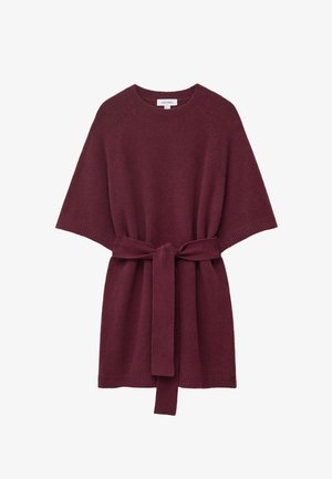Burgundy knitted dress with a round neck, short sleeves, and a belted waist. Features ribbed hem details and a soft, textured finish.