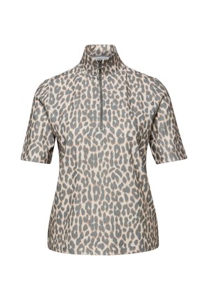 Pull-over à manches courtes avec imprimé léopard, col montant et fermeture éclair frontale avec tirette ronde.