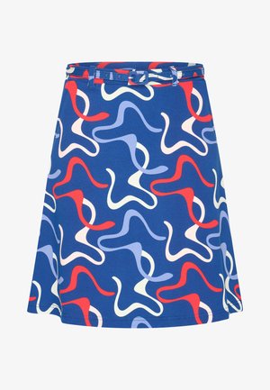 Blue skirt with a swirling pattern in red, pink, and light blue; features a matching belt and a hem that flares out at the bottom.