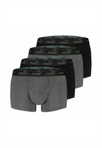Four pairs of boxer briefs in varied shades of gray and black, featuring elastic waistbands with a repeated Puma logo design.