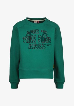 Sweat-shirt vert avec un col rond et des manches longues. Présente un texte graphique noir "LOVE TO TAKE SOME RISKS" sur le devant.