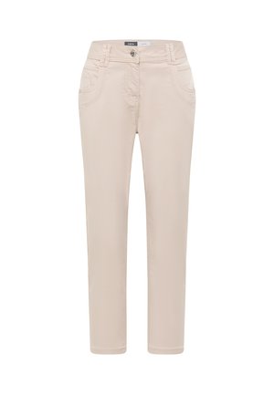 Pantalon beige droit avec bouton et fermeture éclair à l'avant, passants de ceinture et deux poches avant.