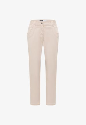 Beiget suorat housut, joissa napitus ja vetoketju edessä, vyölenkit ja kaksi etutaskua.