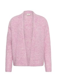 Cardigan rosa chiaro realizzato in morbido tessuto lavorato a maglia con trama. Presenta un design aperto e rilassato con maniche lunghe e orlo a coste. Senza chiusure visibili.
