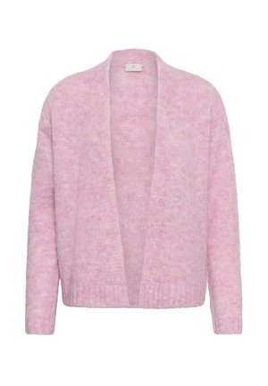 Cardigan rose clair en tricot doux et texturé. Présente une coupe décontractée et ouverte avec manches longues et ourlet côtelé. Aucune fermeture visible.