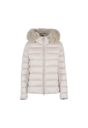 Licht gewatteerde beige pufferjack met een capuchon met bontafwerking, voorzien van een rits aan de voorkant, horizontale quilting en elastische manchetten.
