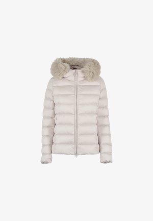 Licht gewatteerde beige pufferjack met een capuchon met bontafwerking, voorzien van een rits aan de voorkant, horizontale quilting en elastische manchetten.