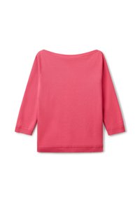 Maglietta a maniche lunghe rosa realizzata in morbido tessuto, con scollo ampio e polsini e orlo a coste. Texture liscia senza motivi o dettagli visibili.
