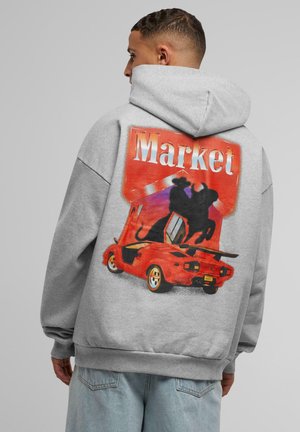 Gray cotton hoodie featuring a large graphic on the back, depicting a red car and a market scene with bold colors and the text "Market."