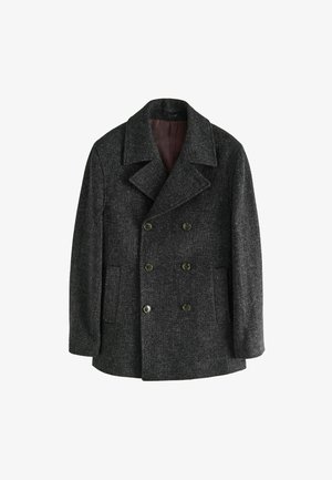 Manteau peacoat gris foncé en tissu texturé, avec un devant croisé, de larges revers et deux poches avant. Doublé en bordeaux.