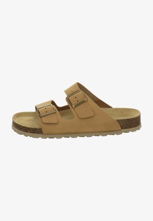 Tan leather slide sandal with two adjustable buckles, a contoured footbed, and a brown textured rubber sole.