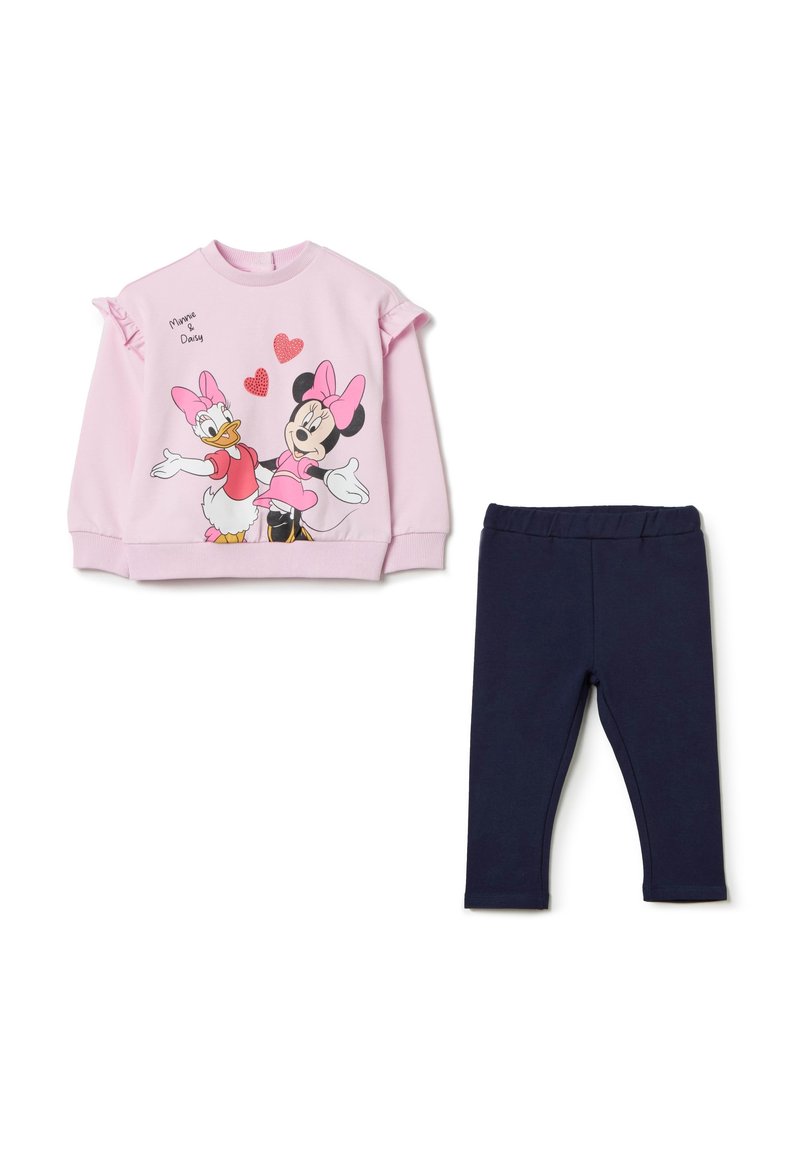 Felpa rosa chiaro con maniche voluminose e una grafica che raffigura due personaggi dei cartoni animati, abbinata a leggins blu navy con vita elastica.
