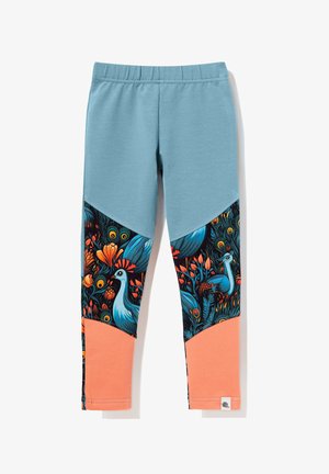 Legginsy z jasnoniebieską górną częścią oraz dolnym panelem z żywym, kwiatowym i pawim wzorem w odcieniach niebieskiego, pomarańczowego i zielonego.