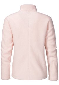 Helle rosa Fleecejacke mit hohem Kragen, strukturiertem Oberflächenmaterial und langen Ärmeln. Verfügt über eine gerade Rückennaht und keine sichtbaren Verschlüsse.