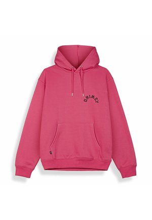 Sudadera con capucha rosa con bolsillo canguro frontal, capucha con cordón, puños acanalados y texto "GRIMEY" en negro en el pecho izquierdo.