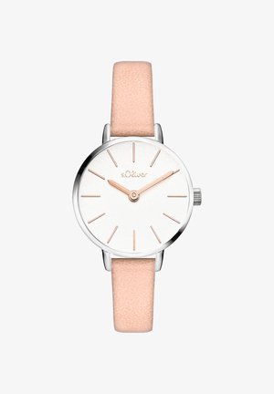 Ronde zilveren horloge met een witte, gestructureerde wijzerplaat, uurmarkeringen van roségoud en een zachtroze leren band. Minimalistisch ontwerp, klassieke uitstraling.