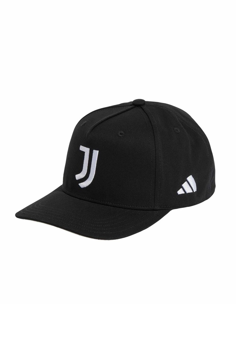 Cappello nero realizzato in tessuto, con visiera curva, logo ricamato bianco e tre strisce bianche sul lato. Design classico.