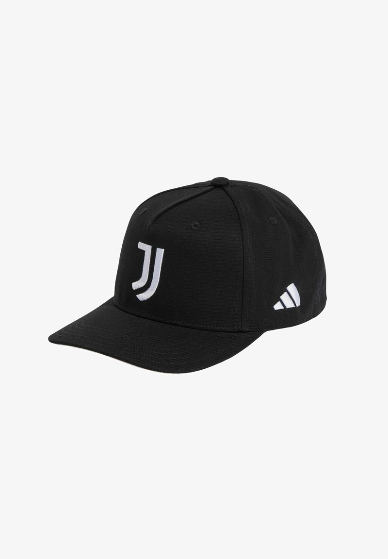 Cappello nero realizzato in tessuto, con visiera curva, logo ricamato bianco e tre strisce bianche sul lato. Design classico.