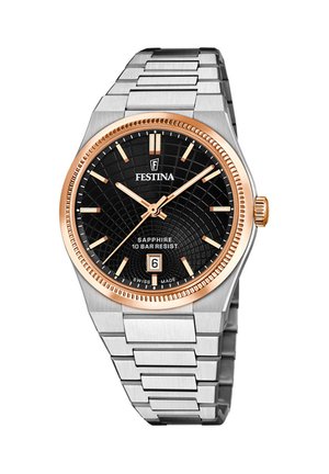 Montre Festina avec un cadran texturé noir, des accents en or rose et un bracelet en acier inoxydable. Dispose d'un affichage de la date, d'un verre saphir et d'une étanchéité de 10 BAR.