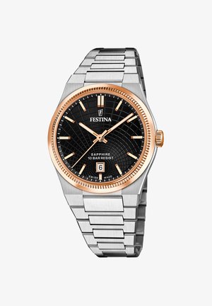 Festina-Uhr mit schwarzem strukturiertem Zifferblatt, roségoldenen Akzenten und Edelstahlarmband. Mit Datumsanzeige, Saphirglas und 10 BAR Wasserdichtigkeit.