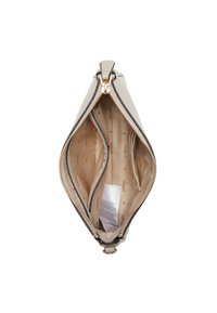 Vaaleanharmaa clutch-laukku, jossa on vetoketjusuljenta, sileä nahkainen ulkopinta ja vaalea sisustus, jossa on hienovarainen kolmiomainen kuvio. Kaksi sisäkomplektia näkyvissä.