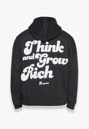 Fekete kapucnis pulóver fehér szöveggel: "Gondolkodj és gazdagodj meg" dús, lekerekített betűtípussal, alul pedig a "Dropsize" logó található. Puha pamut anyag.